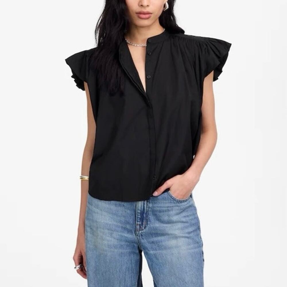 NWT Madewell 100% Cotton Poplin Shirred Button-Up Shirt Jet Black Size Medium